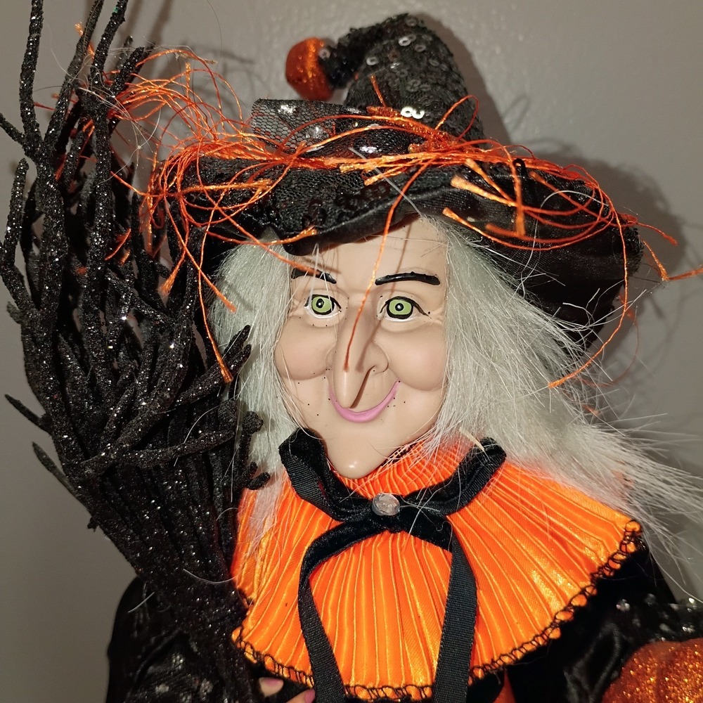 Halloween Witch Topper Tabletop Pumpkin Broom Glitzy Glam Seqins Glitter